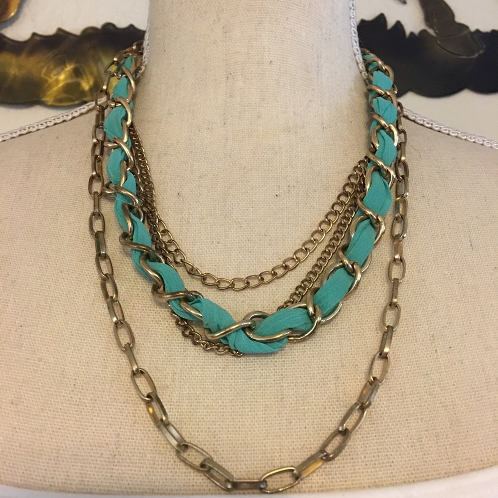 Vintage gold tone layered chain ribbon necklace